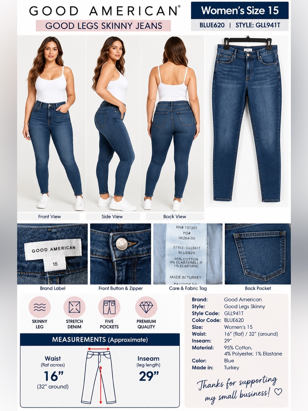 Good American Good Legs Skinny Jeans Women’s 15 Blue Stretch 32x29 BLUE620